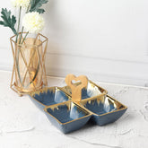 Blue Ceramic Quad-Part Platter with Bamboo Handle & Gold Rim – Stylish Multi-Section Serving Dish